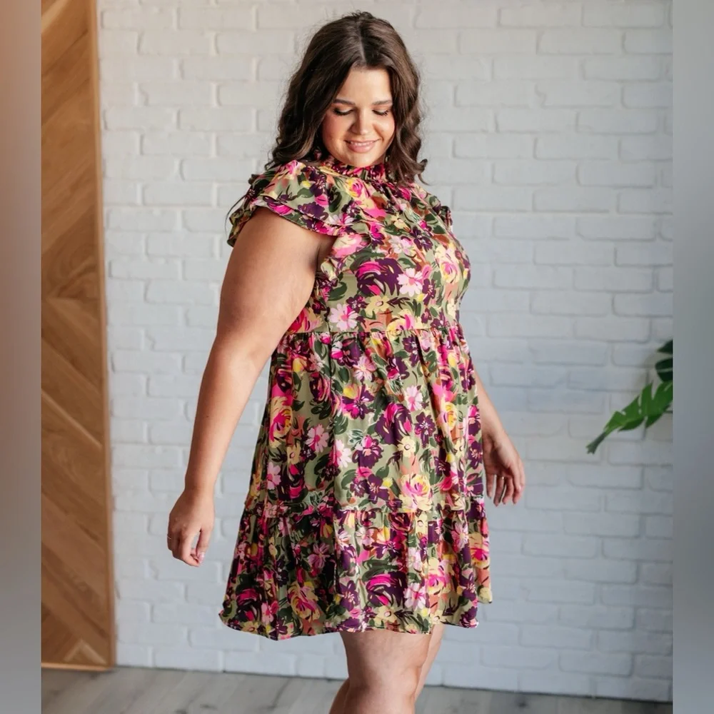 Floral Ruffle Sleeve Babydoll Dress Pink Green Mini - Picture 1 of 6